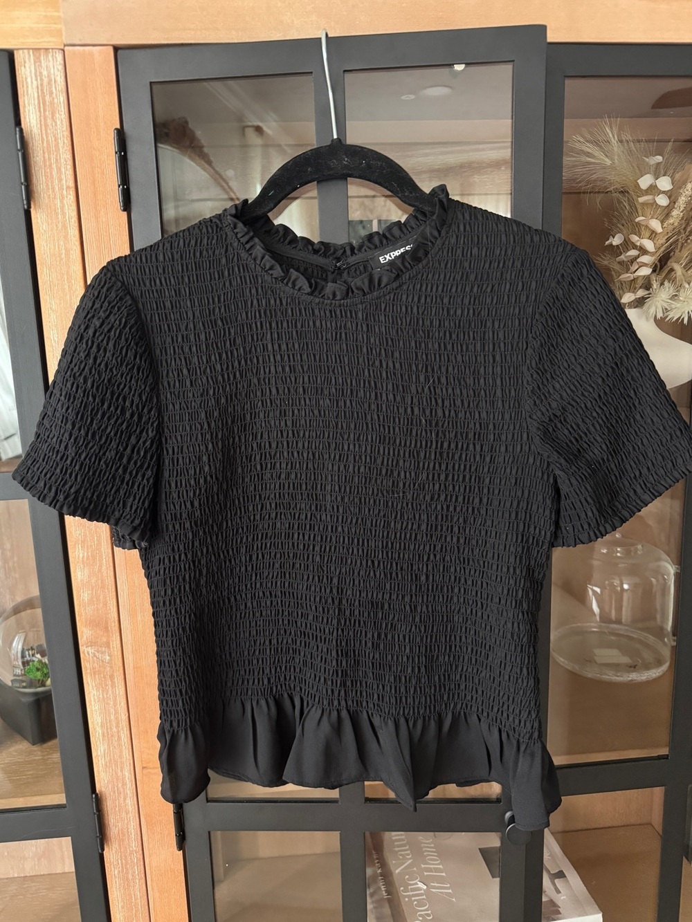 Express smocked top short sleeve textured shirred ruffle mock neck high work
